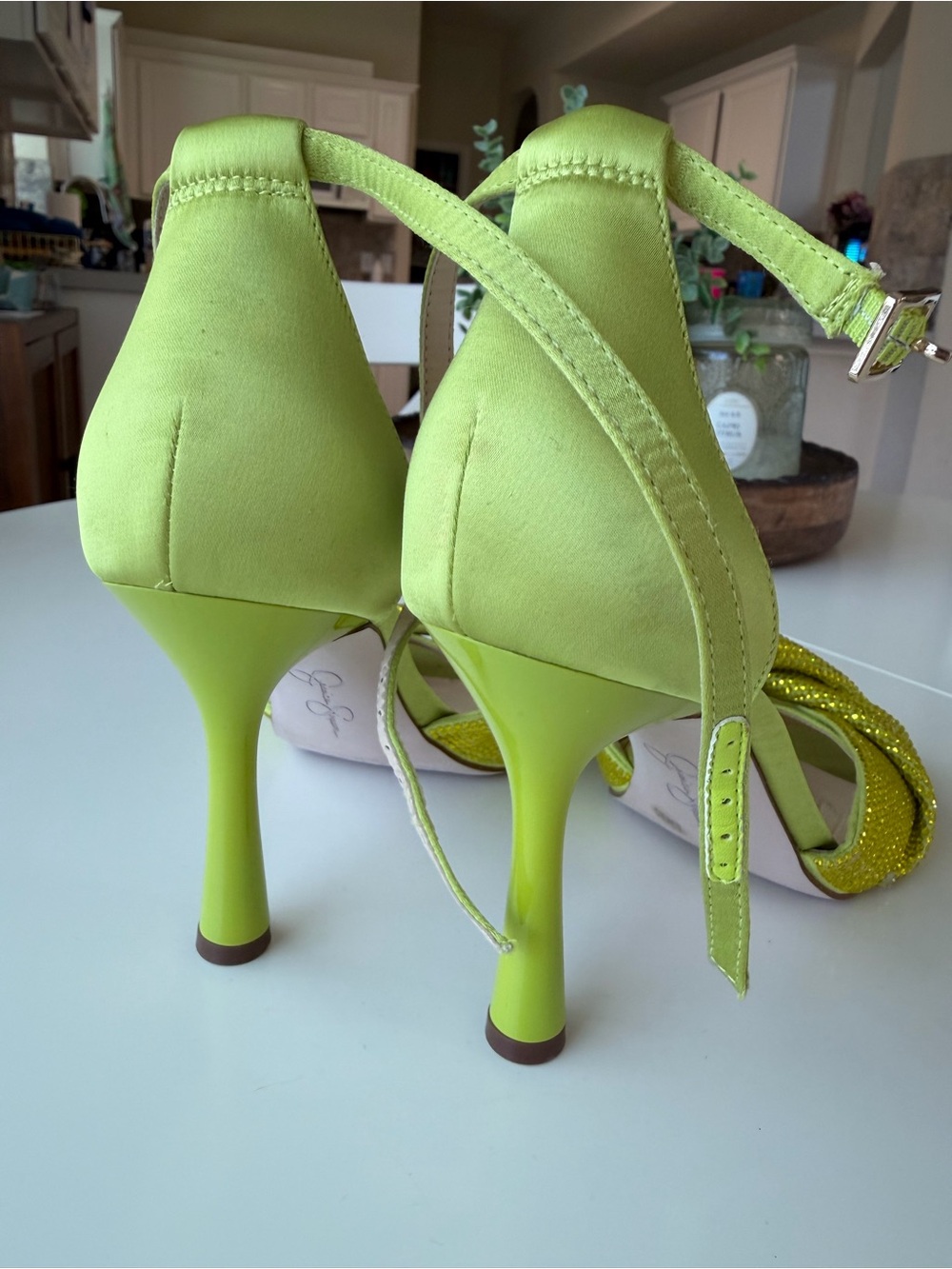 Jessica Simpson Lime Green Crystal Knot Stiletto Sandals - Picture 4 of 5